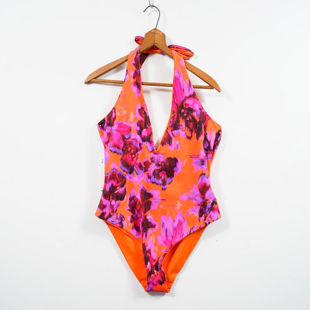 COS Reversible Plunge Swimsuit Size 12 Orange Floral Halter